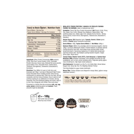Mealjoy Protein PUDİNG 500 gr Yüksek Proteinli Kakaolu ve Çikolata Tadında