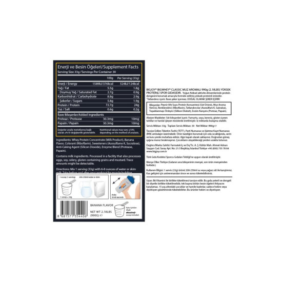 Bigjoy Sports WHEY PROTEİN 30 Servis 990 gr – MUZ - Big Whey Classic Series Protein Tozu